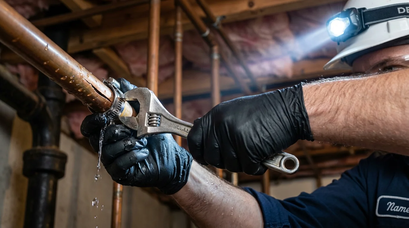 Emergency pipe clamp repair being performed by a Johns Plumbing LLC plumber in Saltville